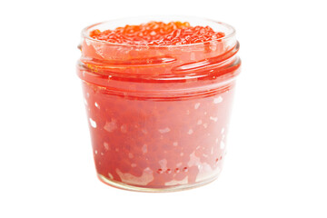 Glass jar with delicious red caviar isolated on white background.