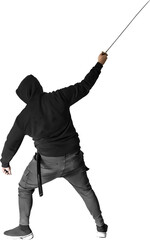 Isolated PNG cutout of a ninja with a katana on a transparent background
