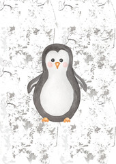 Watercolor cute Antarctica Penguin illustration, fun kids hand drawn nursery poster with woodland animal. Beige color clipart in scandinavian style.