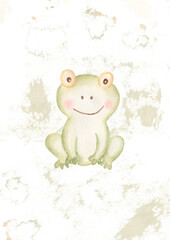 Watercolor cute forest little frog illustration, fun kids hand drawn nursery poster with woodland animal. Green color clipart in scandinavian style.