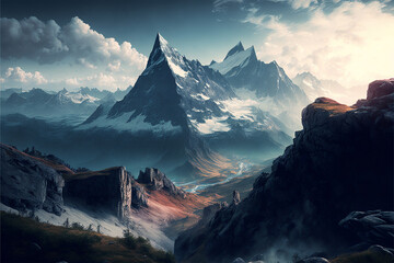 fantasy spectacular landscape of frost peak of rocky mountain Generative Ai