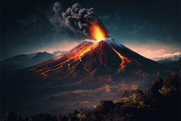 Volcanic eruptions in dark dramatic tone color, dark sky, lava Generative Ai