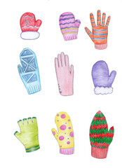 A set of colorful, bright, winter, warm mittens and gloves. Illustration with colored pencils, winter illustration, background, for printing, textiles, design.