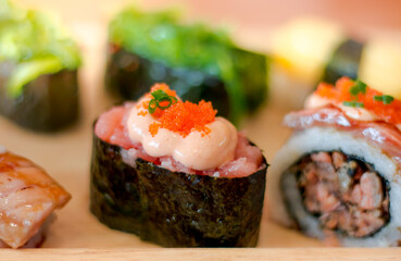 Sushi set, California Sushi roll set with salmon, Japanese food styles, rice roll with Salmon, Japanese food in Restaurants
