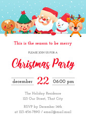 Christmas Party invitation template. Winter holiday illustration with a gingerbread man, an elf, a Santa Claus, a snowman and a little deer on a background of a snowfall. Vector 10 EPS.