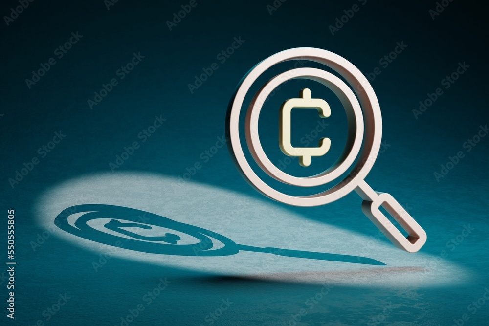 Poster beautiful abstract illustrations cryptocurrency coin search symbol icon on a dark blue background. 3