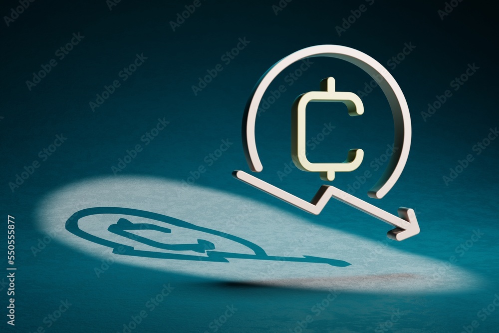 Poster beautiful abstract illustrations cryptocurrency coin down symbol icon on a dark blue background. 3d 