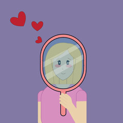 A woman is looking at the mirror, love yourself