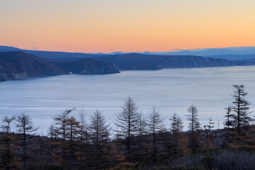 Morning landscape. View of the larch forest on the coast of the sea bay. Autumn season. Beautiful nature of Siberia and the Russian Far East. Travel, tourism and hiking in the Magadan region. Russia.