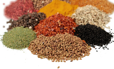 Composition of various spices on white background