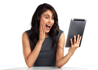 PNG Shot of a beautiful young woman using a digital tablet while standing against a grey background