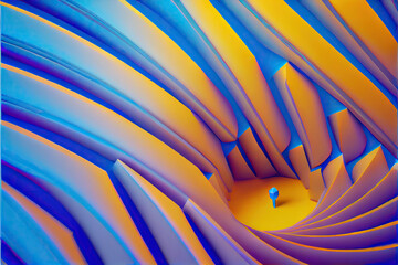 Abstract paper art with gradient tones from deep blue to vibrant yellow create a spiral illusion, featuring a lone figure at its core, symbolizing concepts of individuality and depth.   