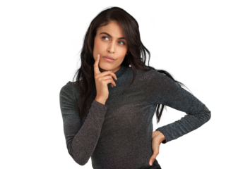 PNG Shot of a beautiful young woman looking thoughtful while standing against a white background