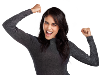 PNG Shot of a beautiful young woman looking cheerful while standing against a grey background