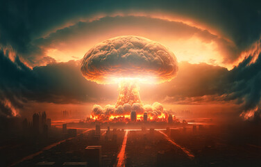 A nuclear explosion in the center of the metropolis. The beginning of apocalepsis. Realistic digital illustration. Fantastic Background. Concept Art. CG Artwork.