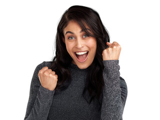 PNG Shot of a beautiful young woman looking cheerful while standing against a grey background