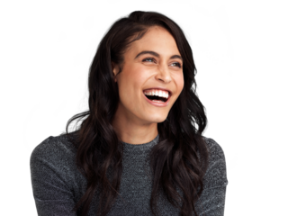 PNG Shot of a beautiful young woman laughing while standing against a grey background