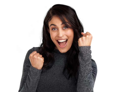 PNG Shot of a beautiful young woman looking cheerful while standing against a grey background
