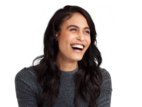 PNG Shot of a beautiful young woman laughing while standing against a grey background