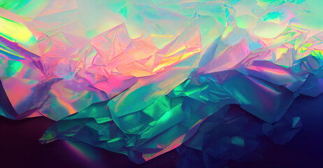 Backdrop with crumpled foil surface with holographic effect in pastel colors,  Generative AI	