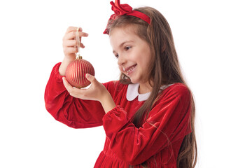 Smiling woman with Christmas tree shining bauble, girl posing in red dress of Santa Claus on white background