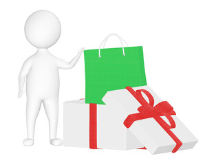 3d character , man gift box and shopping bags