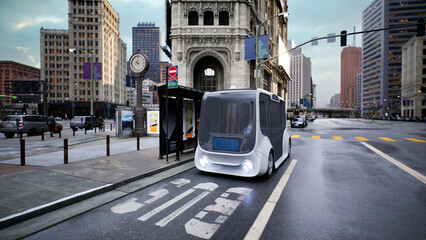 Autonomous electric bus self driving on street, Smart vehicle technology concept, 3d render © kinwun