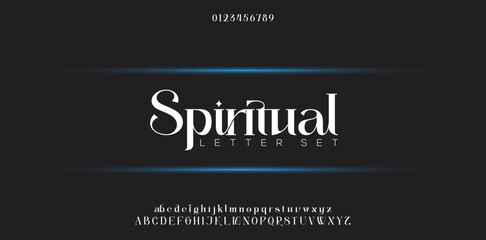 SPIRITUAL Luxury letter fonts and alphabet set. Modern tech typeface. Minimal font Logo design for company. - obrazy, fototapety, plakaty