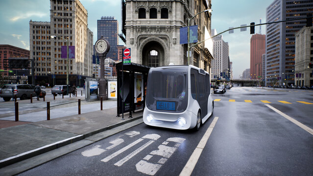 Autonomous electric bus self driving on street, Smart vehicle technology concept, 3d render
