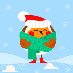 Christmas cute robin bird in new year hat and scarf. Vector cartoon holiday animal character illustration