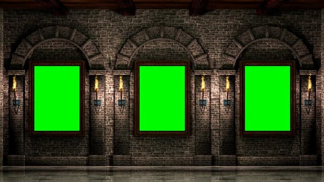 Wooden frames on stone wall with torches and green screen loop animation
