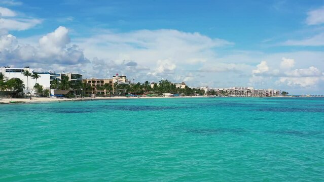 aerial panoramic view of tropical coastline in Playa Del Carmen Mexico on sunny summer day