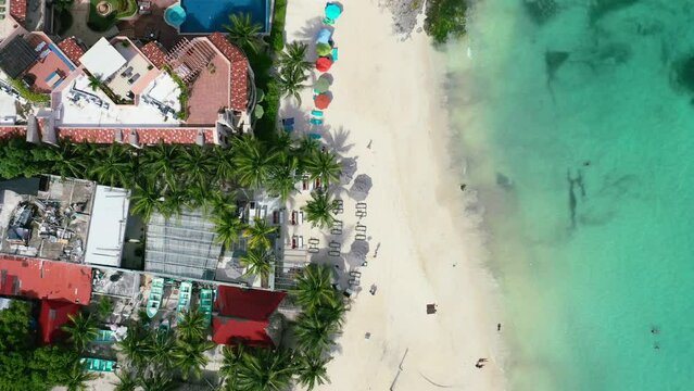 aerial top down view of tropical white sand beach resort in Playa Del Carmen Mexico