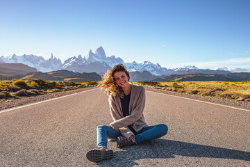 Person on an empty road to El Chaltén Patagonia Argentina