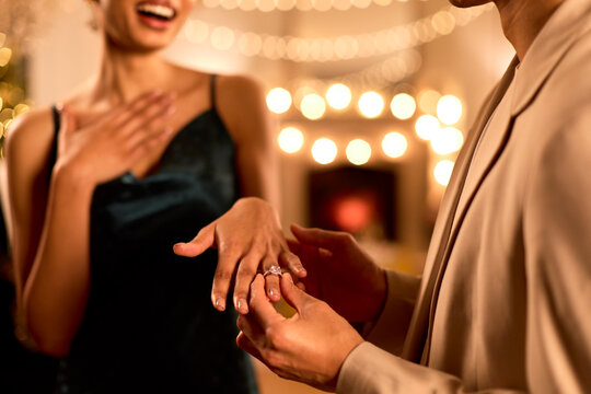 Close Up Of Loving Couple Celebrating Engagement At Party Together