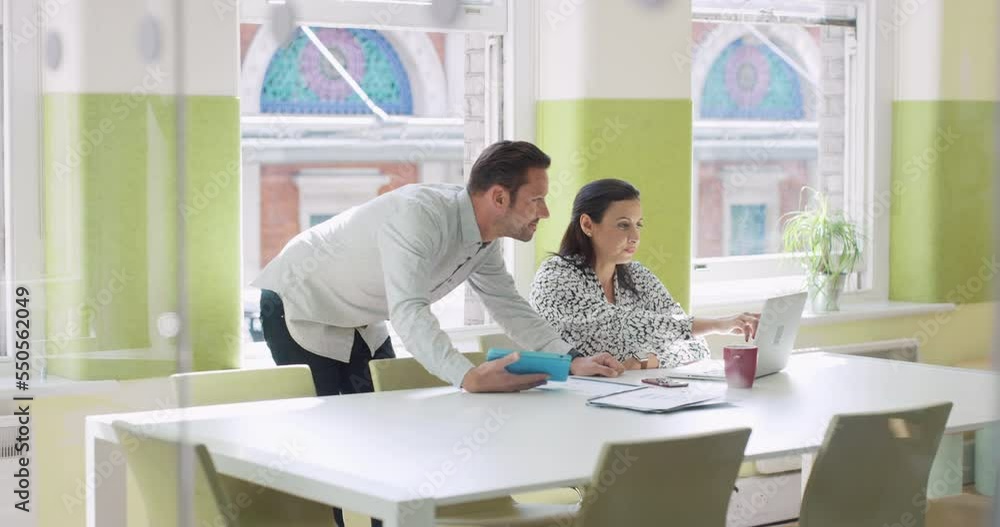Poster laptop, man and woman in a meeting planning a digital marketing strategy on seo algorithm for target