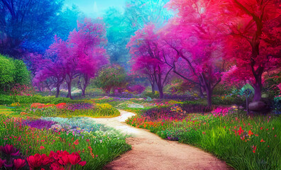 magical garden landscape with flowers and colorful trees generative ai illustration
