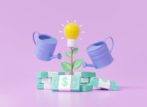 Watering can cartoon minimal showing financial stacks banknotes growing investment with idea light bulb tree interest on money business development profit concept. 3d render illustration elements