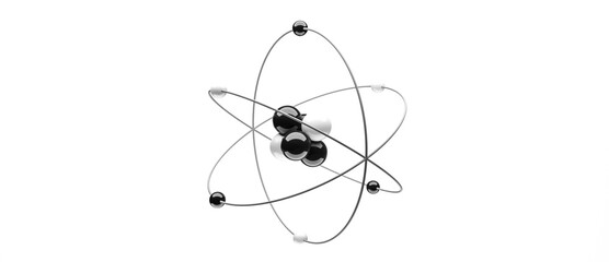 3D illustration model of an atom with nucleus, electrons, protons and neutrons orbiting in a circular path, science research isolated on white background