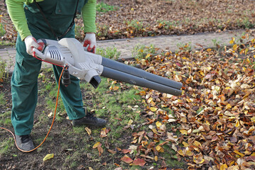 Unrecognizable man man take away dry autumn leaves using yard vacuum cleaner in the garden....