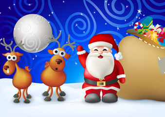 Vector Illustration of Santa Claus with reindeer and a sack full of gifts under the moon