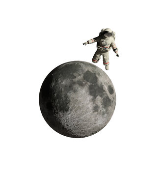 Astronaut orbiting near the moon, transparent background