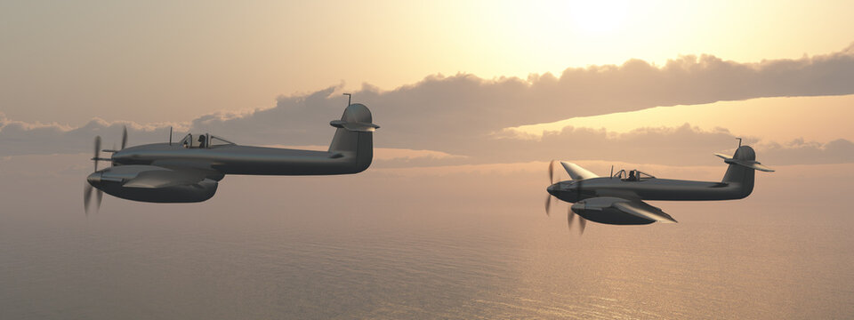 Zwei britische Jagdflugzeuge aus dem zweiten Weltkrieg über dem Meer bei Sonnenuntergang