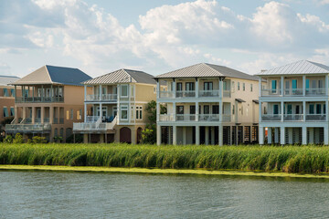 Destin, Florida- Row of three-storey houses with view decks and lake waterfront