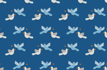 Seamless pattern of beige and blue pigeons with hearts. Two love birds. Saint Valentine's day. Romantic print design.