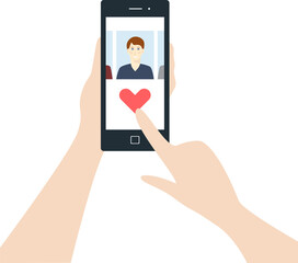 Person using online dating app on phone. Man and woman searching for love and relationship. Human hand holding smartphone and click on heart