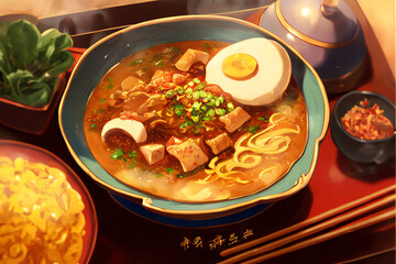 Pork Ramen Noodles with egg, green onion on hot brown soup, food illustration