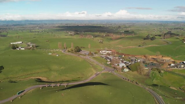 Hills and coutryside of Matamata, New Zealand. Aerial view on a sunny winter day