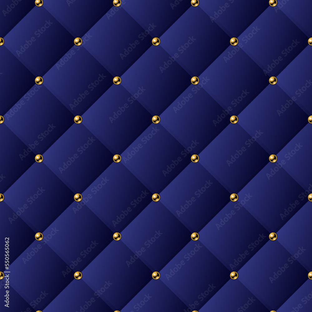 Aufkleber classic volume seamless pattern with square grid and golden buttons. blue background like sofa uphol