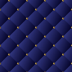 Classic volume seamless pattern with square grid and golden buttons. Blue background like sofa upholstery. Deep blue color